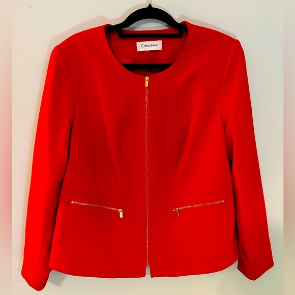 Calvin Klein Womens 14 Petite Blazer Red Gold Full Zip Stretch Long Sleeve - Picture 1 of 13